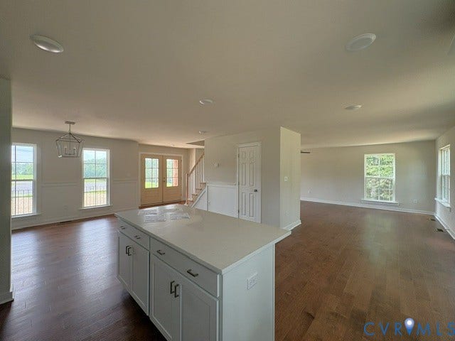162 Bacon Bit Ln, Louisa, VA 23093 Open-concept kitchen and living area featuring a large white island with cabinetry and countertop workspace, wood-finish flooring throughout, recessed ceiling lighting, and abundant natural light from multiple windows and glass doors