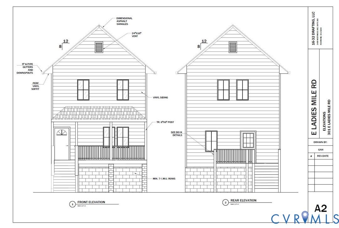 301 E Ladies Mile Road, Richmond, VA 23222 Front & Rear Elevations of House Plans