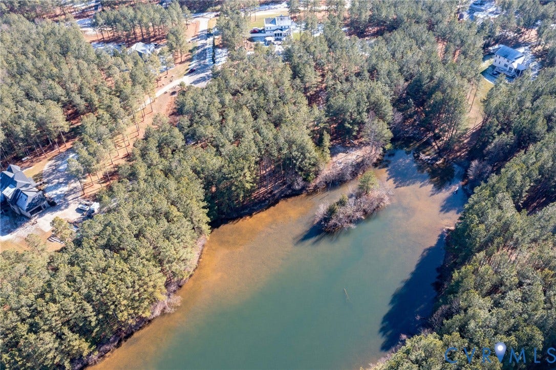 3739 Mill Mount Turn, Westlake At Mill Mount Sec2, Powhatan, VA 23139 Aerial overview of property's location with a large body of water and a forest