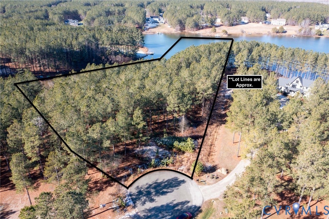 3739 Mill Mount Turn, Westlake At Mill Mount Sec2, Powhatan, VA 23139 Aerial view of property's location with a large body of water and property parcel outlined