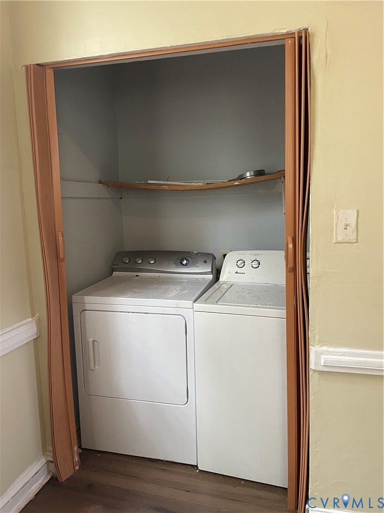 712 W Washington Street, #B, Petersburg, VA 23803 Washroom featuring dark wood finished floors and washing machine and dryer