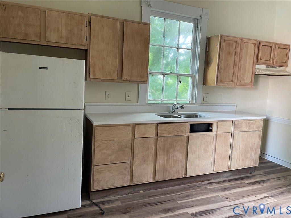 712 W Washington Street, #B, Petersburg, VA 23803 Kitchen featuring wood-finish cabinetry, white countertops, a double basin stainless steel sink, and wood-finish flooring