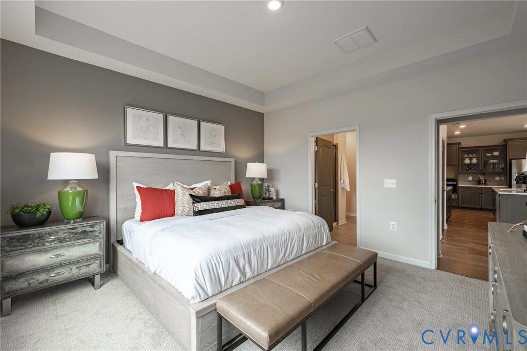 378 Bayberry Lane, Spring Creek, Zion Crossroads, VA 22942 Tucked at the back of the home is the FIRST-FLOOR primary suite featuring a spacious walk-in closet, a tray ceiling, and an ensuite LUXURY bath with a curbless walk-in shower and a double vanity.