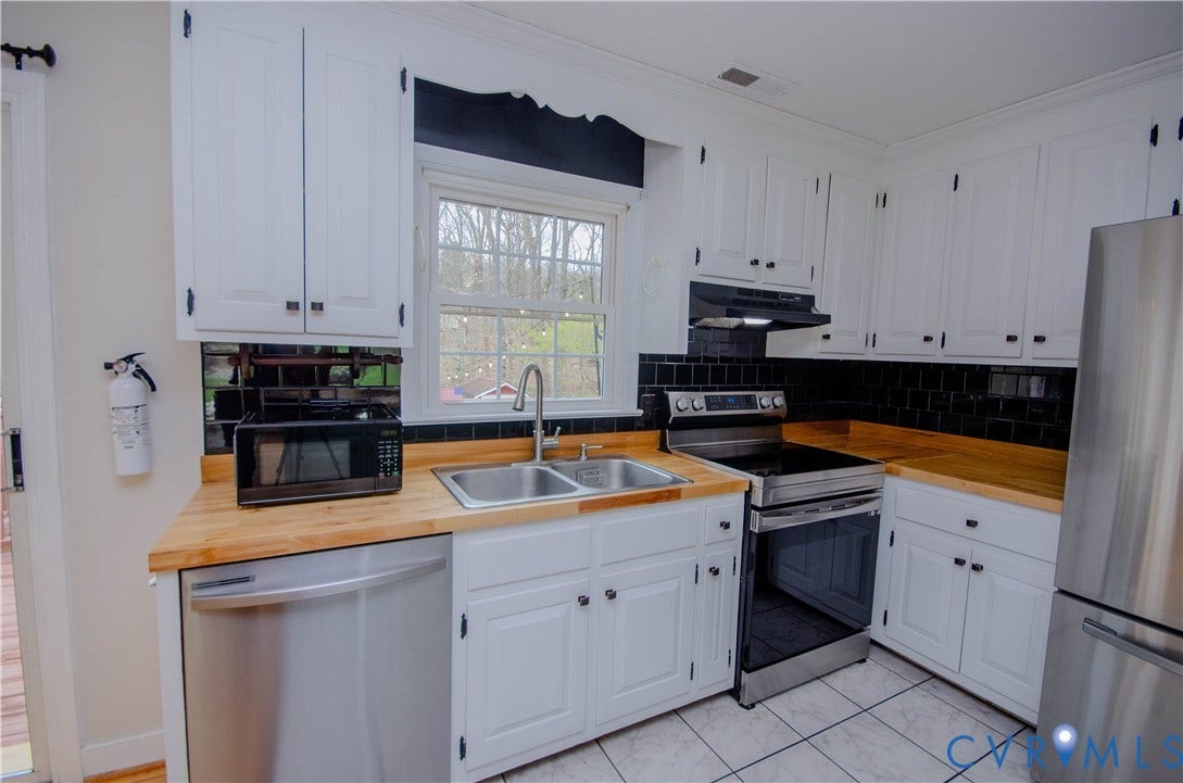 2231 Fall Line Drive, Powhatan, VA 23139 Kitchen with wooden counters, stainless steel appliances, white cabinets, tasteful backsplash, and crown molding