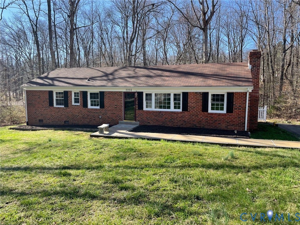 2231 Fall Line Drive, Powhatan, VA 23139 Ranch-style home with brick siding, a chimney, a front lawn, and crawl space