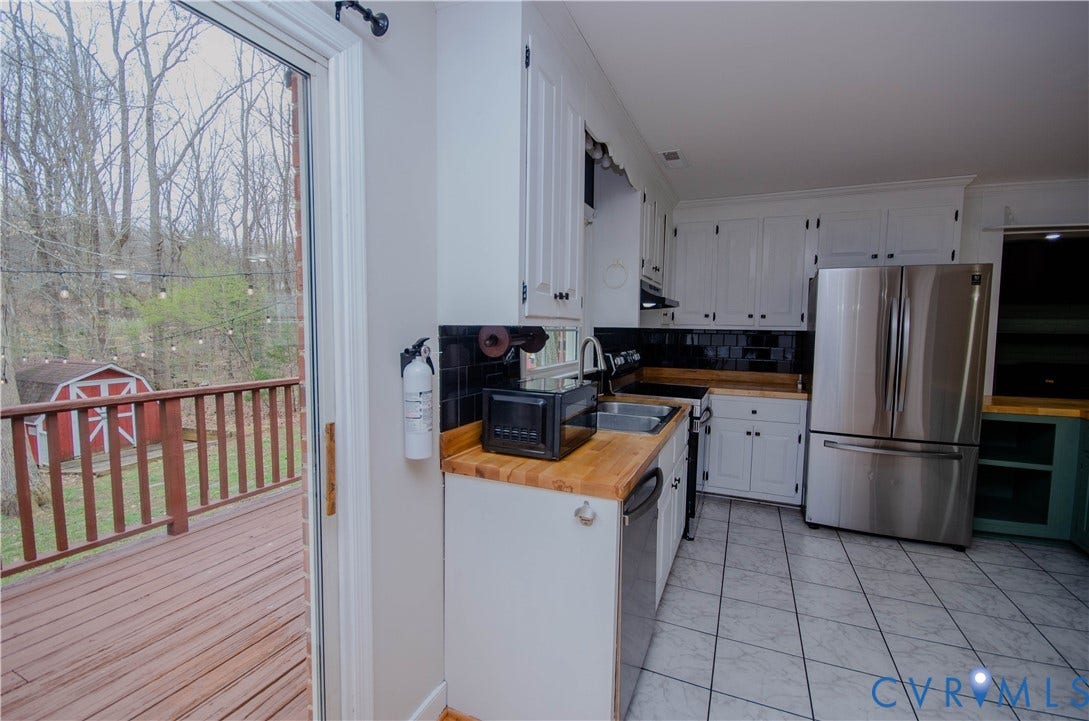 2231 Fall Line Drive, Powhatan, VA 23139 Kitchen with white cabinetry, stainless steel appliances, wooden counters, and tasteful backsplash