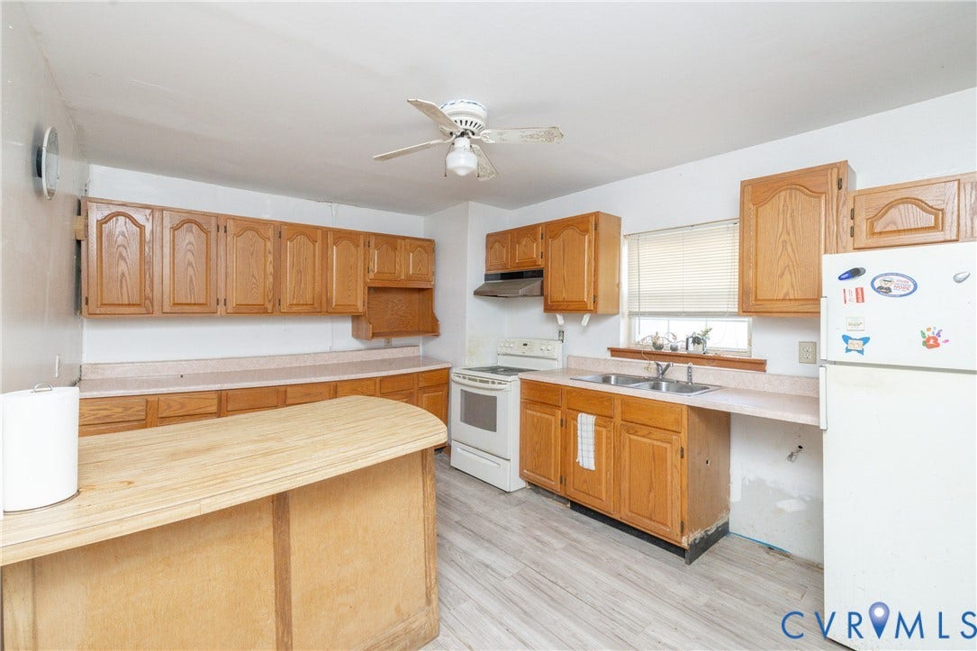 2606 Cedar Street, Richmond, VA 23223 Kitchen featuring white appliances, a ceiling fan, light wood-type flooring, wood counters, and wood finish cabinets