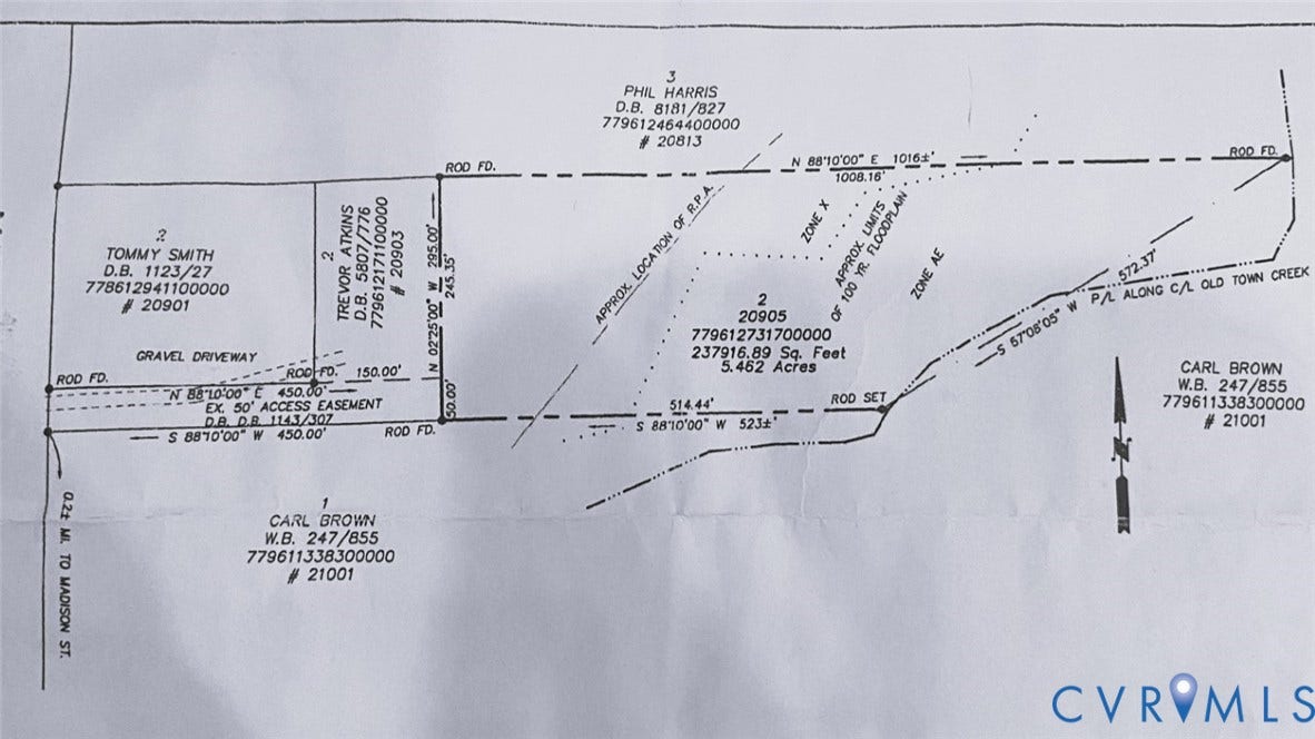 20905 Matoaca Road, Chesterfield, VA 23803 Survey Plat. Depicting property boundaries, parcel identification numbers, dimensions, and approximate location of floodplain zones