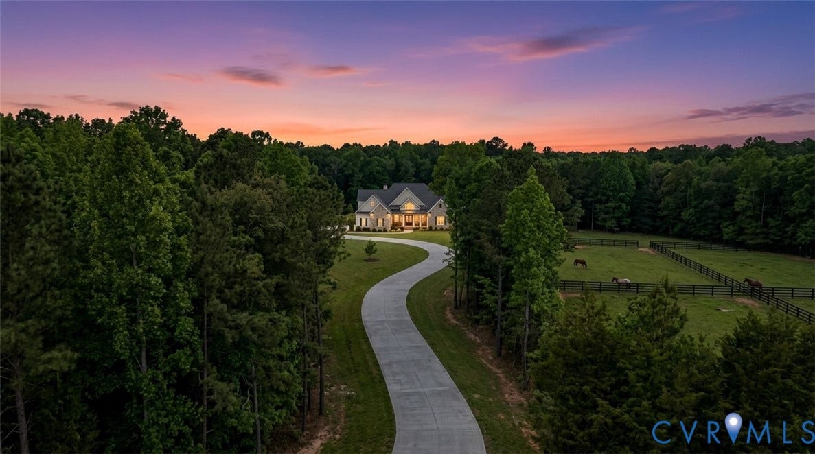 2580 Maidens Road, Maidens, Maidens, VA 23102 THIS IS A CONCEPT OF WHAT THE 6.836 ACRES COULD BE,Expansive property featuring a winding paved driveway, mature trees, a multi-section fenced pasture, and a traditional-style residence