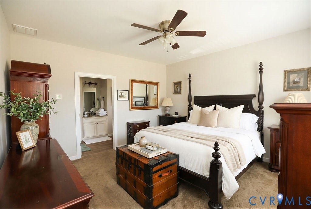 5670 Hickory Street, Powhatan, VA 23139 Carpeted bedroom with ceiling fan and ensuite bathroom