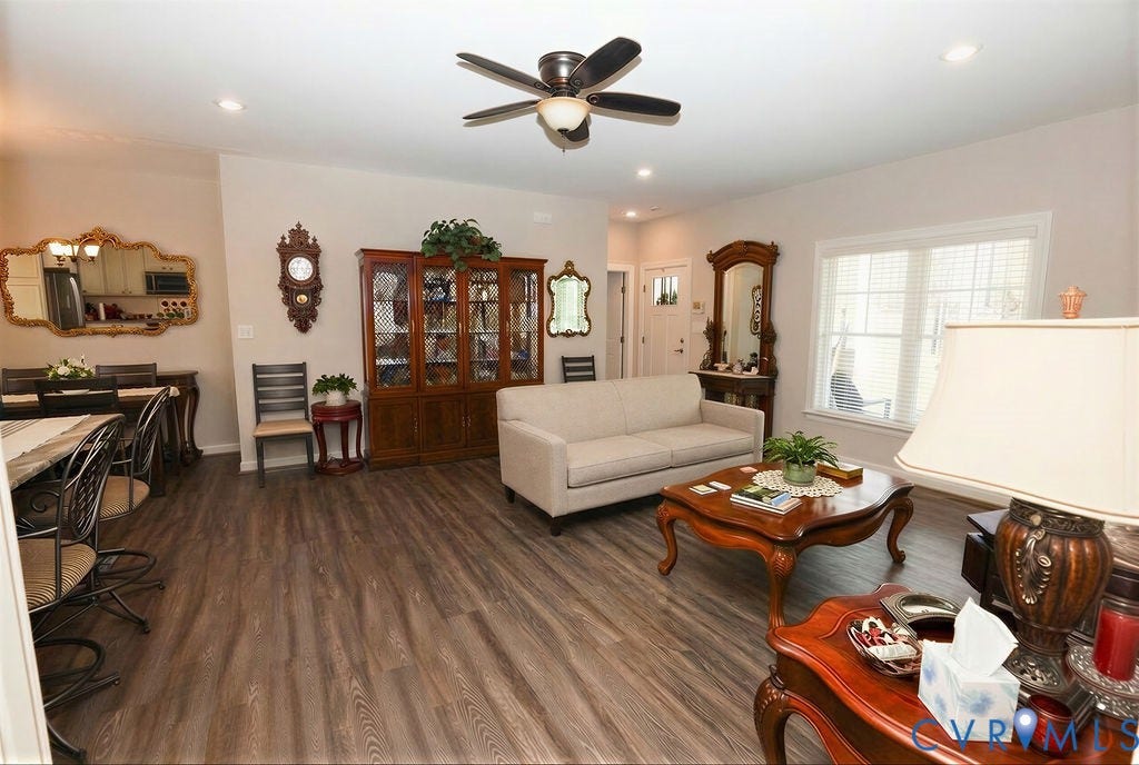 5670 Hickory Street, Powhatan, VA 23139 Living area featuring a ceiling fan, dark wood-style flooring, and recessed lighting