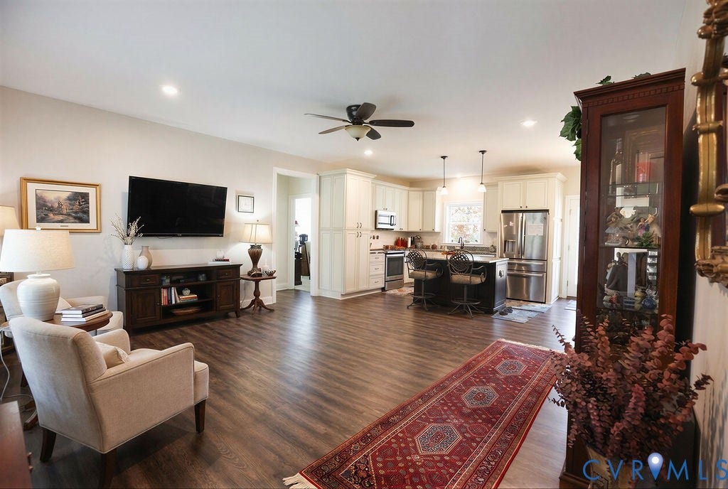 5670 Hickory Street, Powhatan, VA 23139 Living area featuring dark wood finished floors, ceiling fan, and recessed lighting