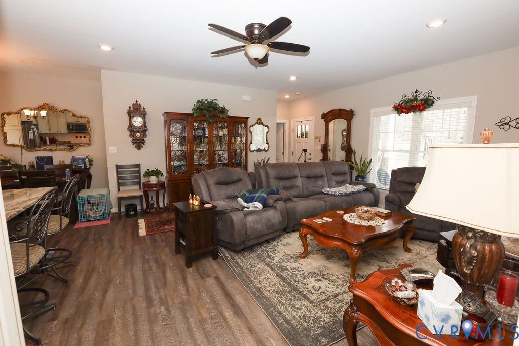 5670 Hickory Street, Powhatan, VA 23139 Living area with a ceiling fan, wood finished floors, and recessed lighting