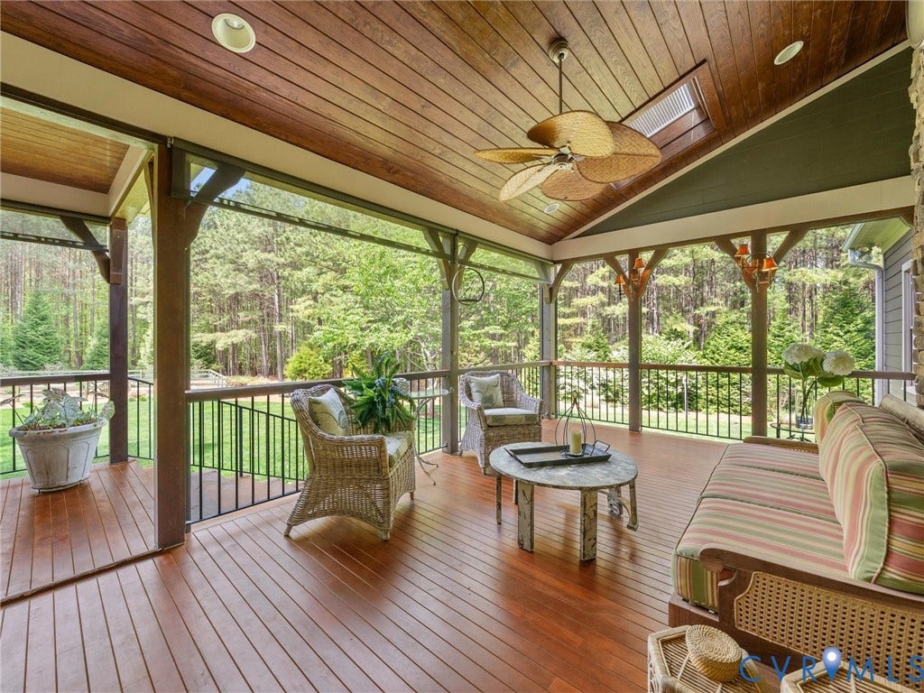 3025 Mill Mount Lane, Powhatan, VA 23139 Back Porch with mahogany floors and retractable screens/ shades