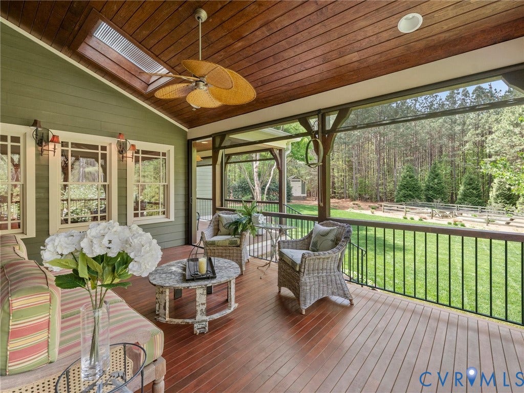 3025 Mill Mount Lane, Powhatan, VA 23139 Back Porch with mahogany floors and retractable screens/ shades