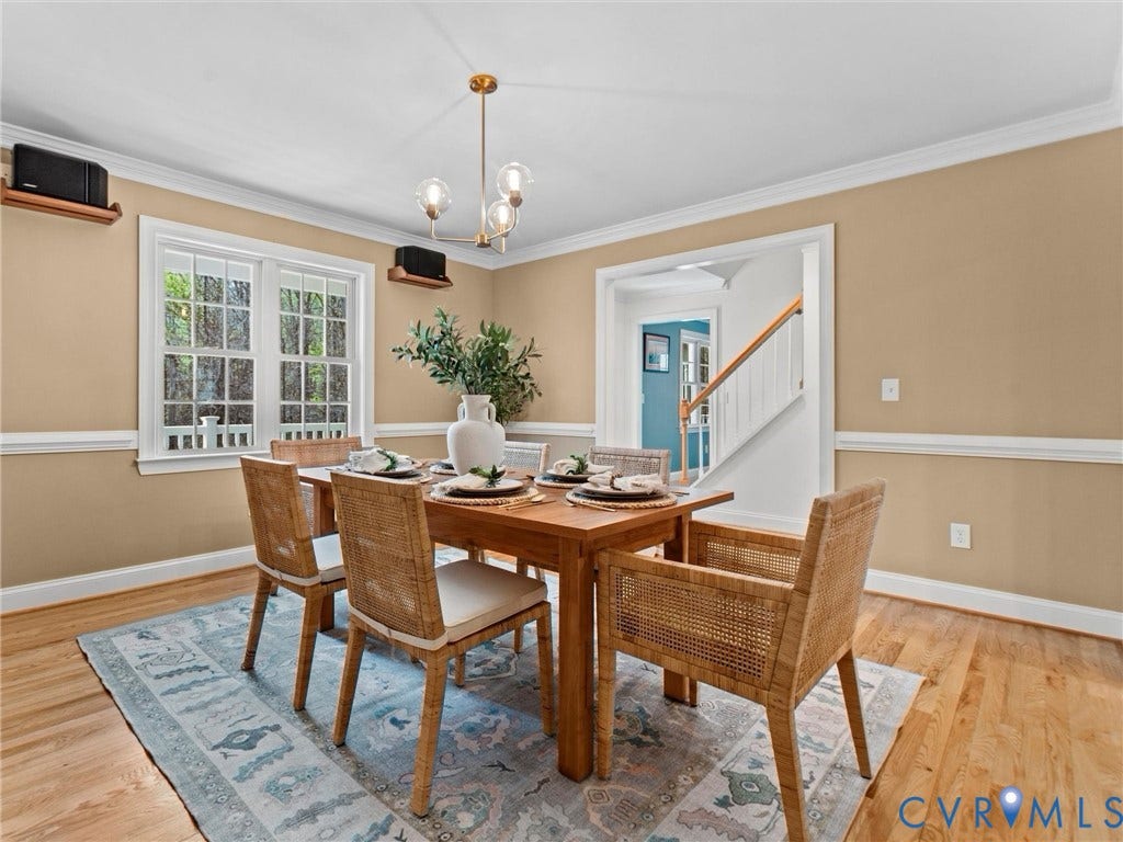 110 Oak Knoll Place, Bumpass, VA 23024 Spacious formal dining room with hardwood floors, crown molding and chair railing