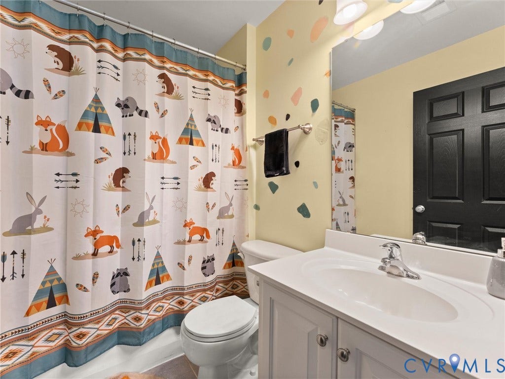 126 Reedy Creek Road, Reedy Creek, Louisa, VA 23093 This bathroom features a vanity with a white sink and chrome faucet, a wall-mounted mirror, and a toilet