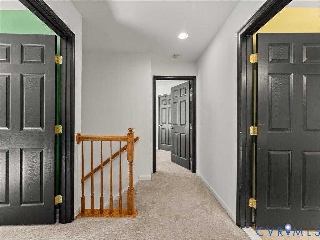 126 Reedy Creek Road, Reedy Creek, Louisa, VA 23093 Hallway featuring light-colored carpet flooring, white walls, and recessed lighting
