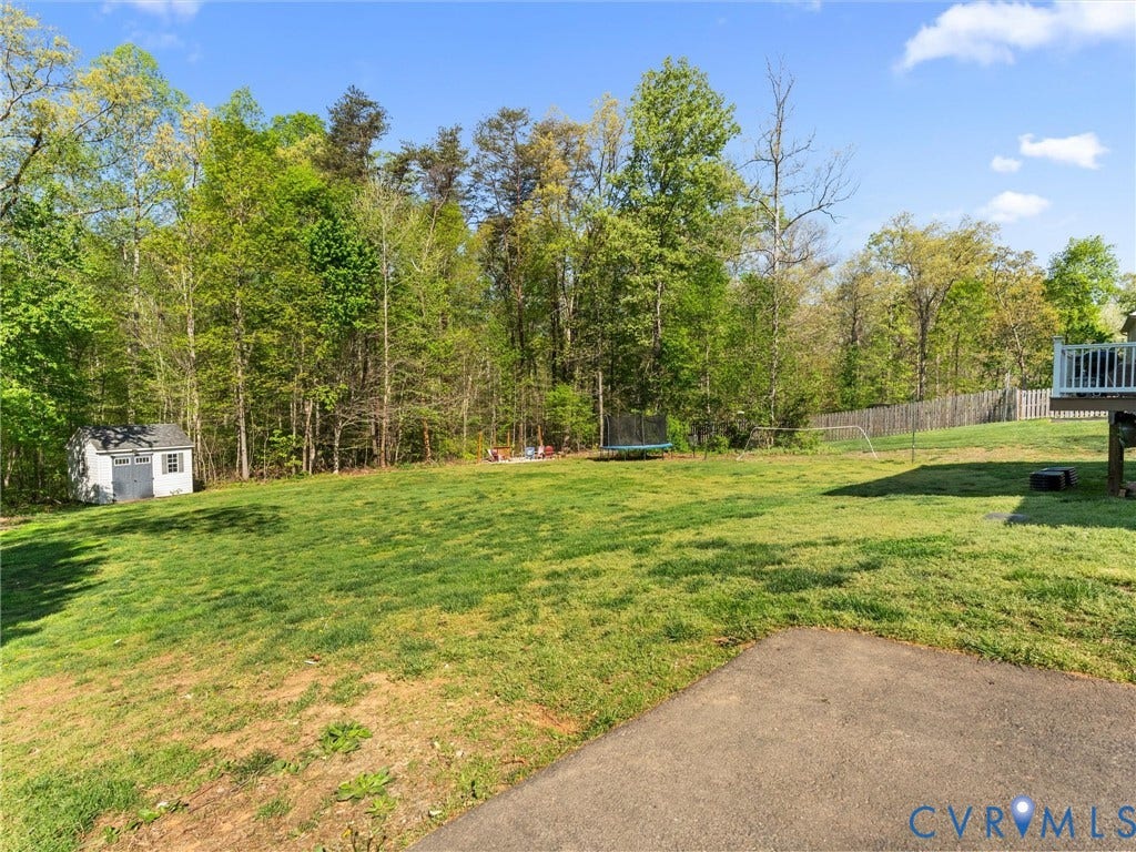 126 Reedy Creek Road, Reedy Creek, Louisa, VA 23093 Expansive yard featuring a well-maintained lawn, mature trees, and a storage shed