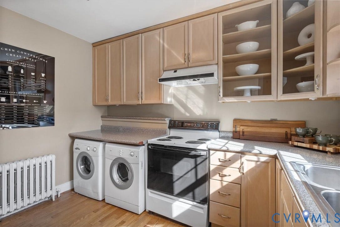 613 Maple Avenue, Near West End, Richmond, VA 23226 Kitchen featuring light wood-finish cabinetry, glass-front upper cabinets, a built-in range, and a dual-basin stainless steel sink