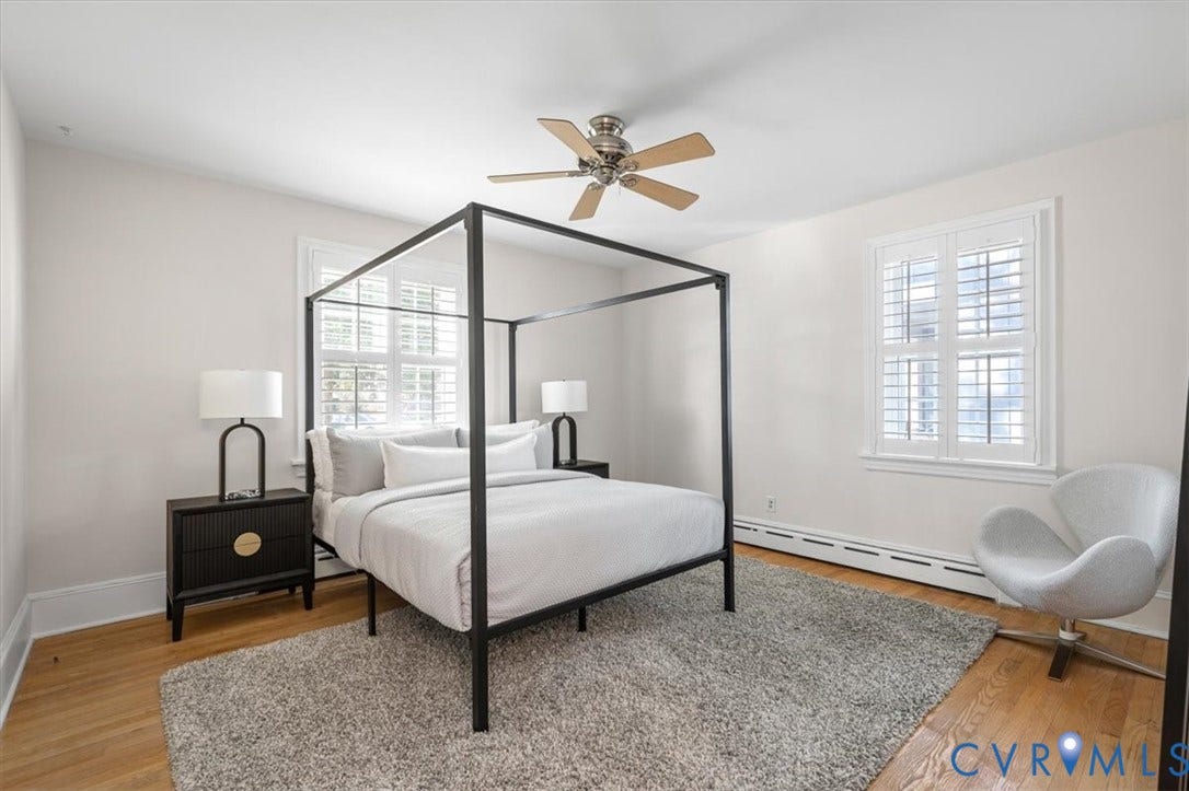 613 Maple Avenue, Near West End, Richmond, VA 23226 Hardwood flooring, plantation shutters, ceiling fan, and baseboard heating