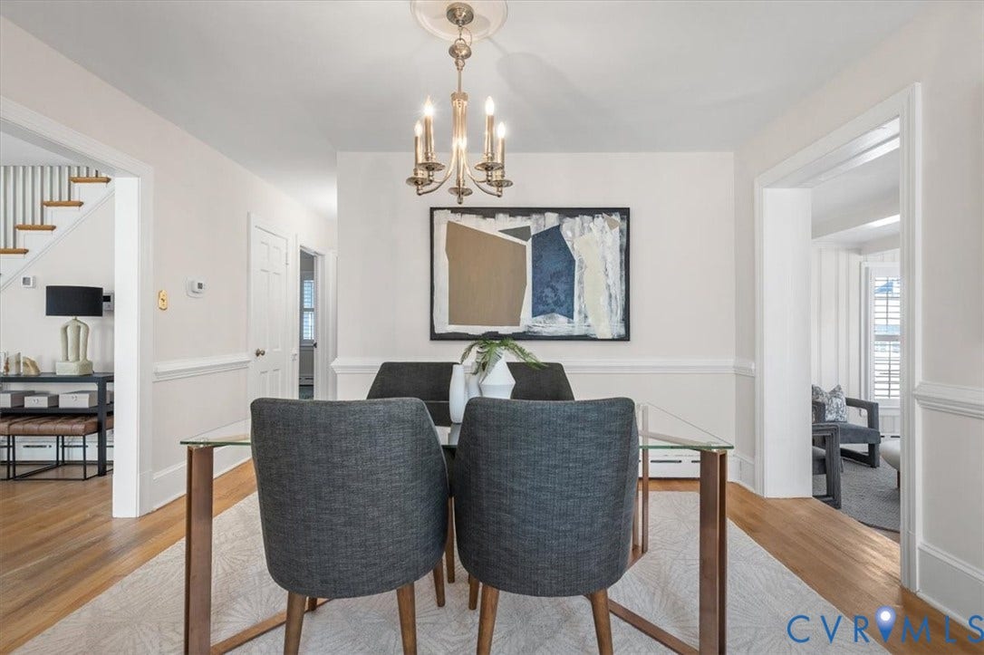 613 Maple Avenue, Near West End, Richmond, VA 23226 Hardwood flooring, crown molding, chair rail molding, and a candelabra-style chandelier