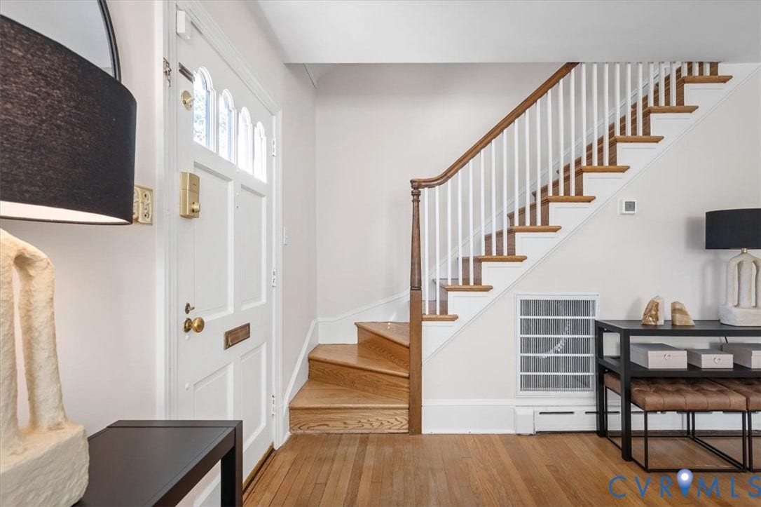 613 Maple Avenue, Near West End, Richmond, VA 23226 Hardwood flooring throughout, a white paneled entry door with decorative glass, and a staircase featuring wood treads and a painted white balustrade