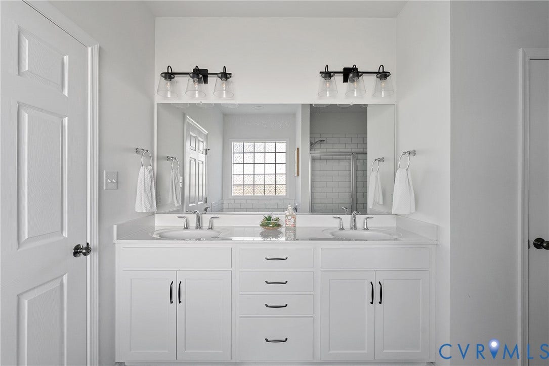 1605 Reed Marsh Place, Reed Marsh, Goodview, VA 23063 Dual vanity featuring white cabinetry with black hardware, white countertops, and undermount sinks