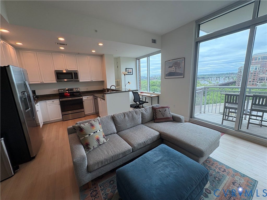 301 Virginia Street, #U804, Downtown, Richmond, VA 23219 Great Room with 10 ft wall of windows with stunning River and city views. Hardwood floors throughout.