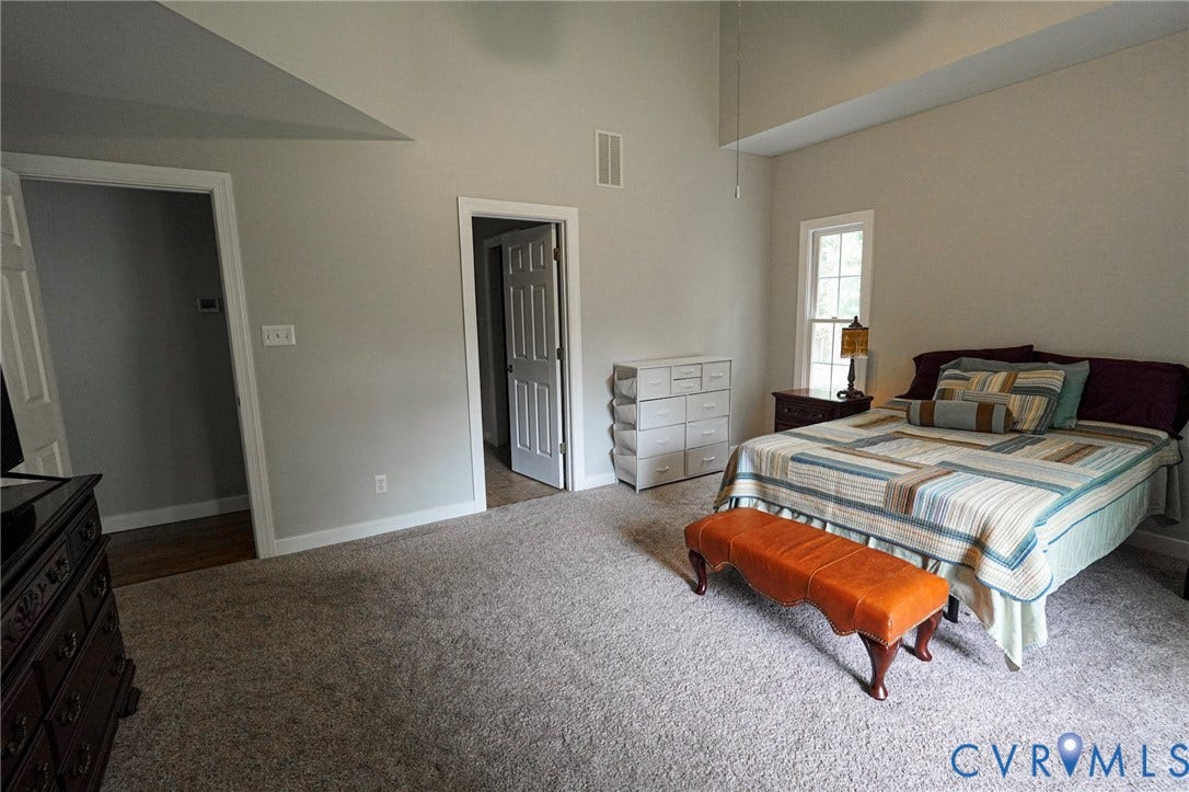 1670 Mill Quarter Road, Powhatan, VA 23139 First floor Owner's suite vaulted ceiling, a single window, and two paneled doors with white trim