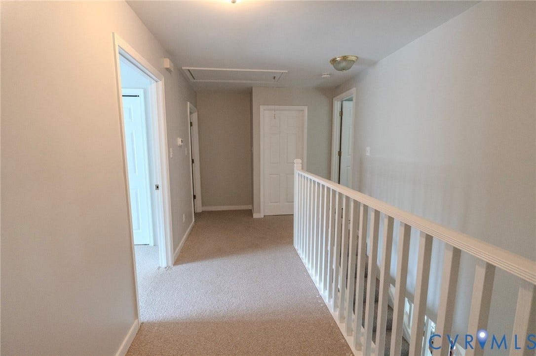 1670 Mill Quarter Road, Powhatan, VA 23139 Upper level hallway with neutral wall paint and carpeted flooring