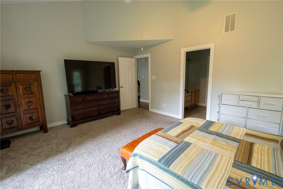 1670 Mill Quarter Road, Powhatan, VA 23139 First floor Owner's suite with walk-in closet with white cabinetry, dark wood dresser, flat-screen television mounted above dark wood media console, and an ensuite bathroom