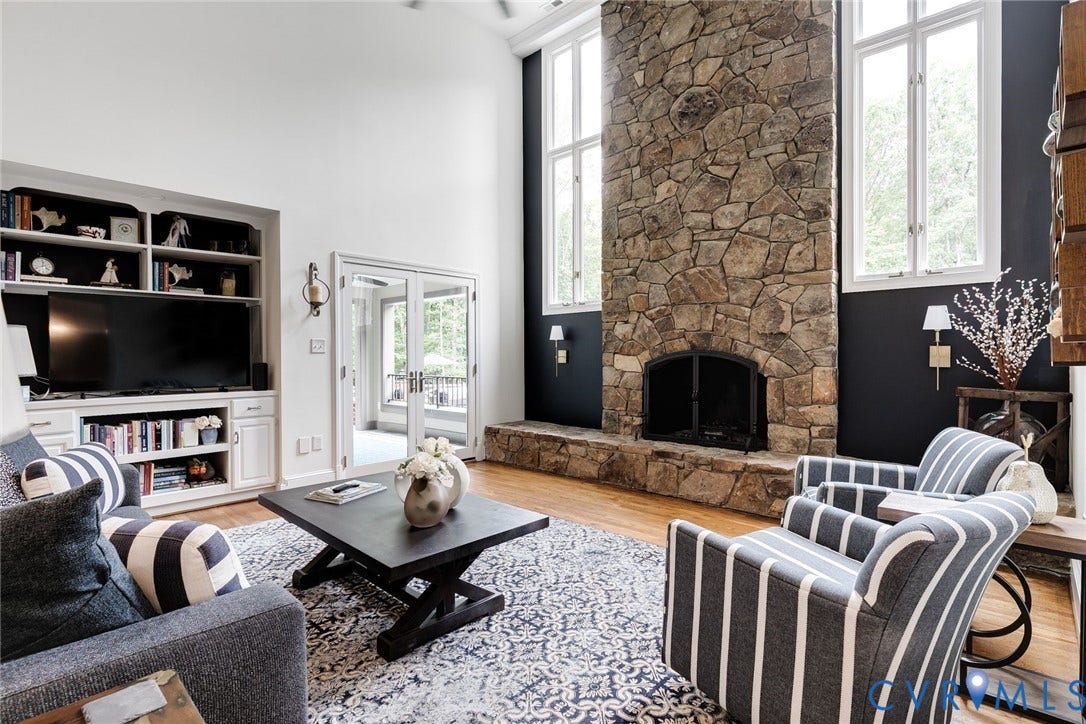 485 Ada Ash Lane, Hermitage Country Club, Manakin Sabot, VA 23103 stunning floor-to-ceiling stone wood-burning fireplace & custom built-ins