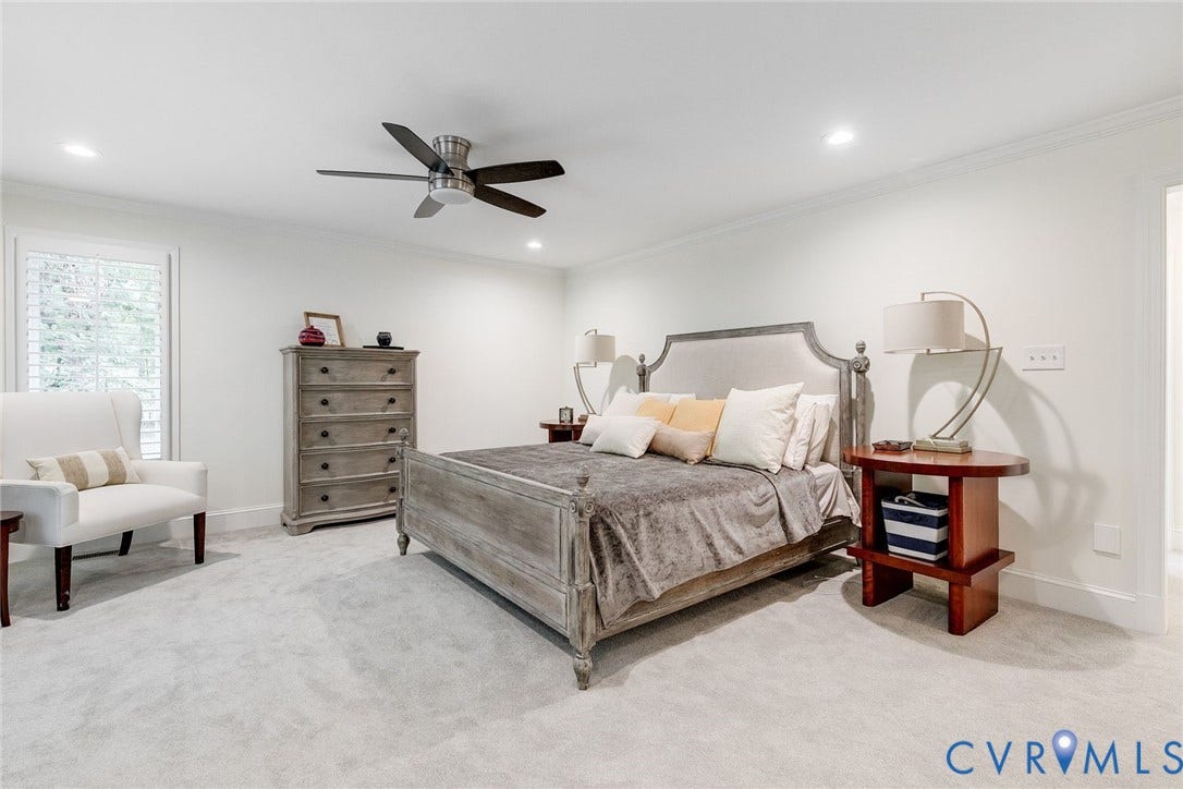 485 Ada Ash Lane, Hermitage Country Club, Manakin Sabot, VA 23103 First floor primary bedroom with dual Walk-in Closets, Linen Closet, Plantation
Shutters, and Ensuite