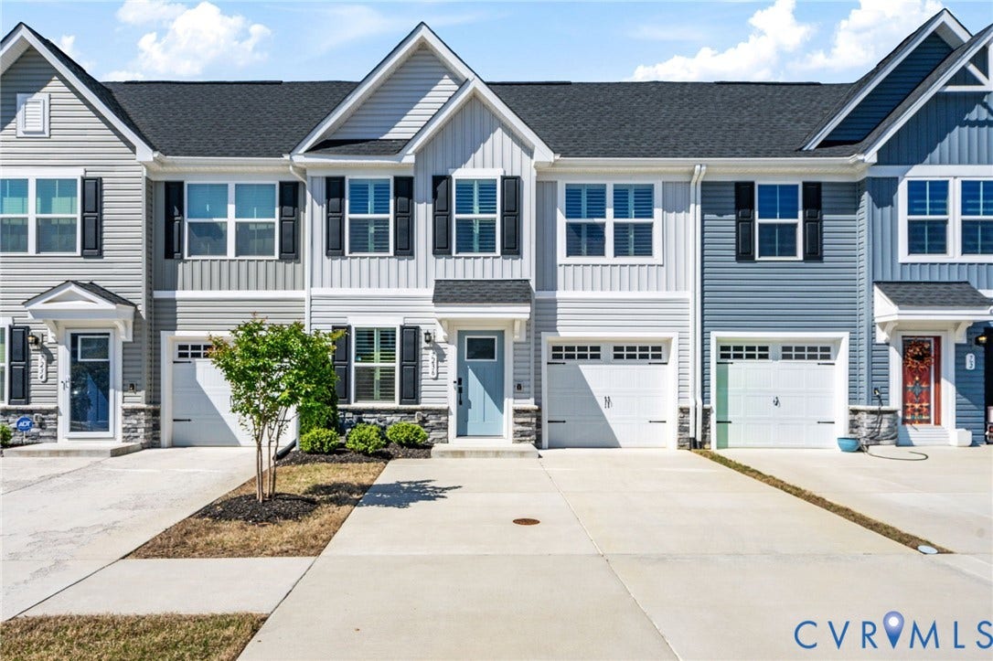 7236 George Wythe Lane, Summer Maple, New Kent, VA 23124 Modern townhome facade featuring multi-tone siding, black louvered shutters, and a light blue entry door