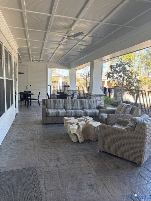 7236 George Wythe Lane, Summer Maple, New Kent, VA 23124 Expansive covered patio featuring a coffered ceiling with integrated lighting and ceiling fans