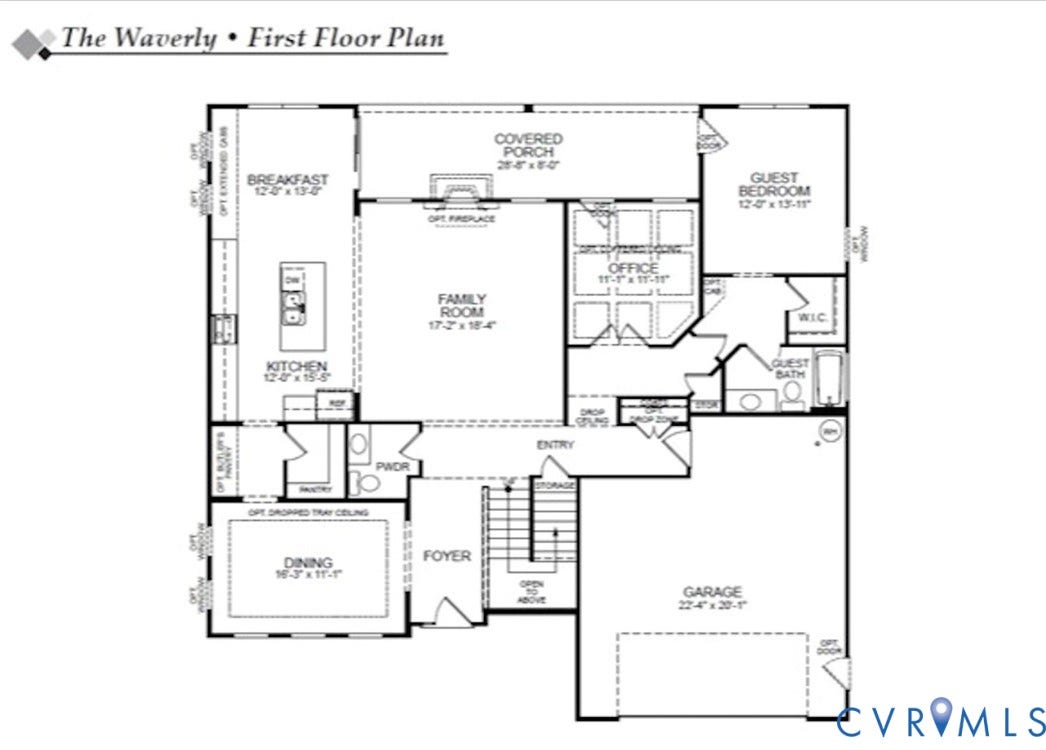 9385 Stingray Point Court, Greenwood Estates, New Kent, VA 23124 First Story Floor Plan.
This home is to be built. The photo represents the plan, not the actual home. Design selections may vary.