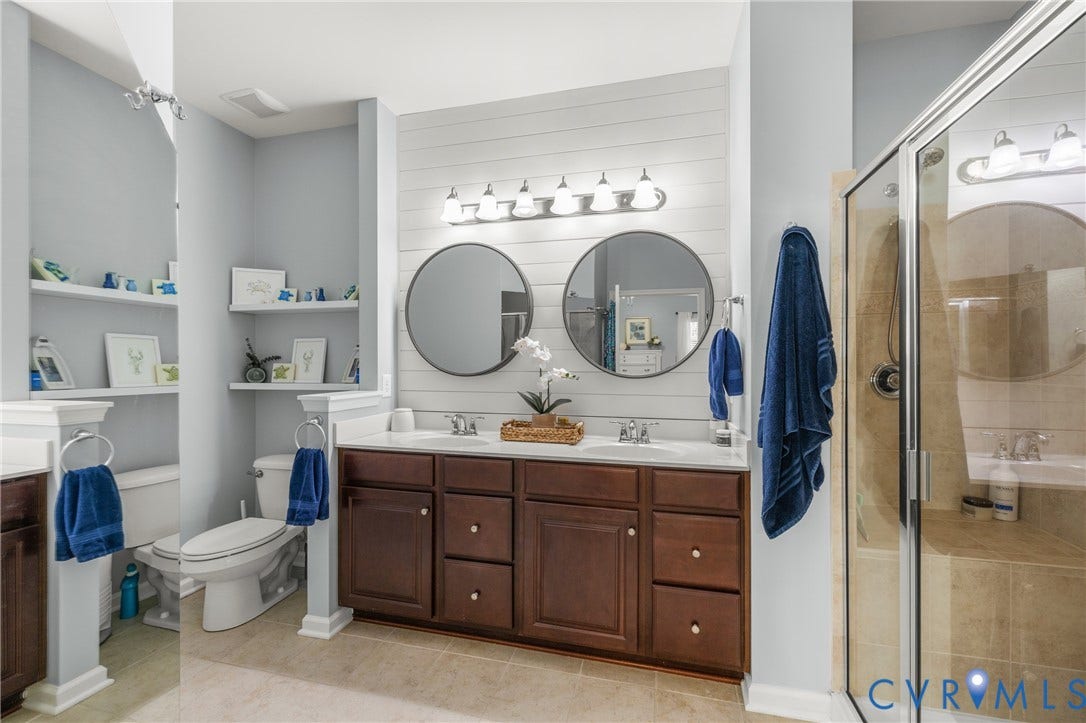 3105 Abruzzo Place, The Villas At Hunton Park, Glen Allen, VA 23059 Primary bath with shiplap wall, double vanities, tile flooring and walk in large tile shower.