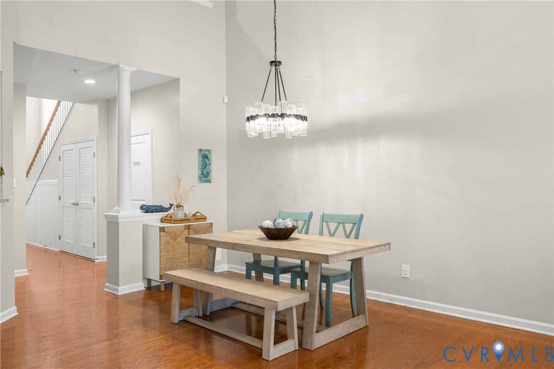 3105 Abruzzo Place, The Villas At Hunton Park, Glen Allen, VA 23059 Formal Dining area with fun chandelier, hardwood floors and open to the family room.