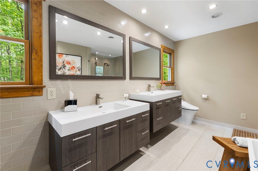 3172 Three Bridge Road, Powhatan, Powhatan, VA 23139 Primary bathroom with dual sink vanities, ceramic tile floors, & recessed can lighting.