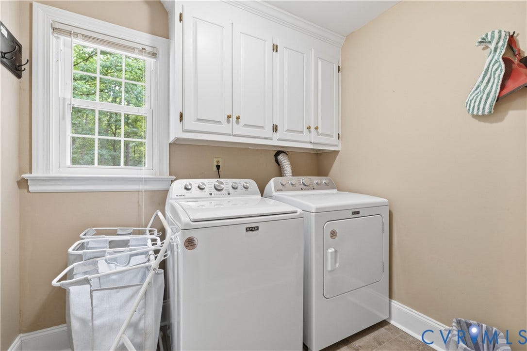 9803 Gates Bluff Drive, Gates Bluff, Chesterfield, VA 23832 Dedicated laundry area featuring a window, built-in upper cabinetry, crown molding, and baseboard trim