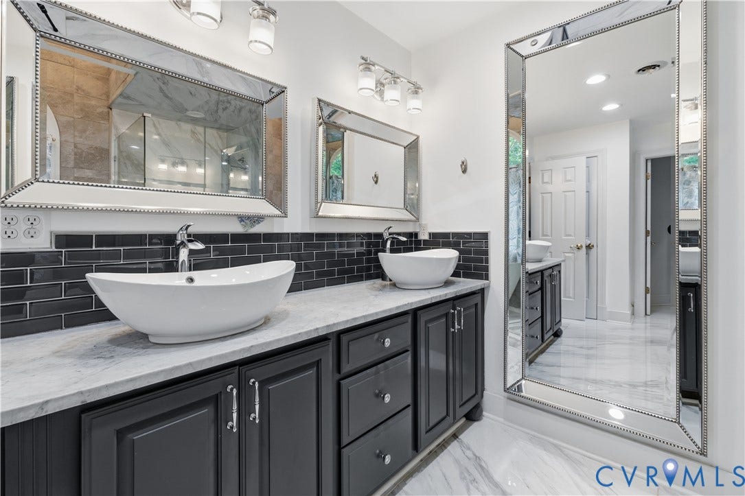 9803 Gates Bluff Drive, Gates Bluff, Chesterfield, VA 23832 Double vanity featuring vessel sinks, polished chrome faucets, and gray cabinetry