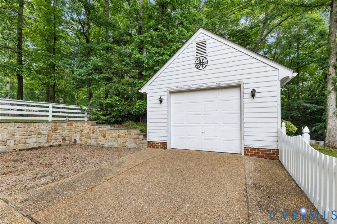 9803 Gates Bluff Drive, Gates Bluff, Chesterfield, VA 23832 Detached garage featuring white siding, a single overhead door, and brick foundation