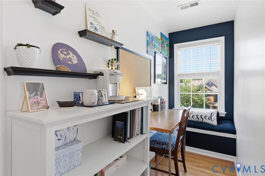 4909 Parsons Walk Place, Twin Hickory, Glen Allen, VA 23059 Dedicated workspace featuring hardwood-style flooring, a built-in window seat, and white built-in shelving with decorative wall shelves
