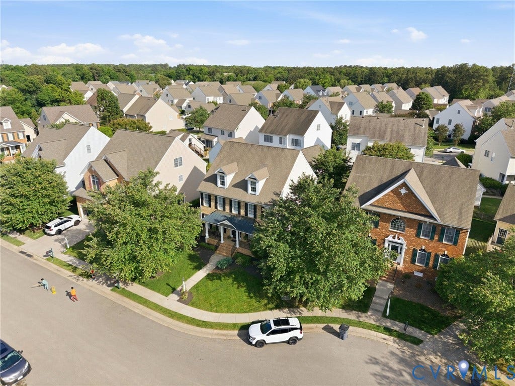 4909 Parsons Walk Place, Twin Hickory, Glen Allen, VA 23059 Aerial perspective showcasing a residential street with mature trees and maintained lawns