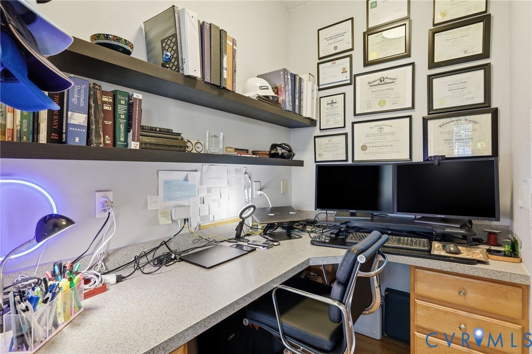 4909 Parsons Walk Place, Twin Hickory, Glen Allen, VA 23059 Dedicated office space featuring a corner desk with a light-toned countertop, built-in wooden drawers, and two dark floating shelves
