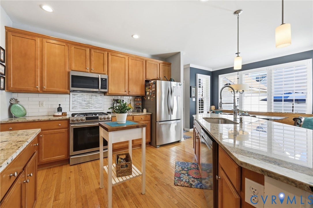 4909 Parsons Walk Place, Twin Hickory, Glen Allen, VA 23059 Kitchen featuring wood-finish flooring, shaker-style wood cabinetry, stainless steel appliances, a subway tile backsplash, and a large central island with a sink and pendant lighting