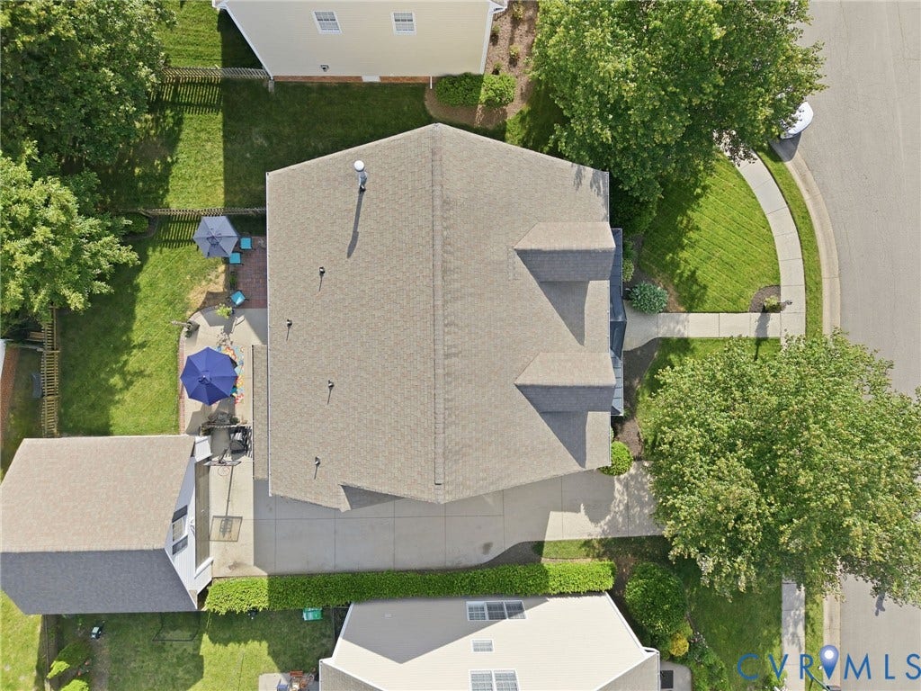 4909 Parsons Walk Place, Twin Hickory, Glen Allen, VA 23059 Aerial perspective showcasing the asphalt shingle roof, concrete driveway, and front sidewalk