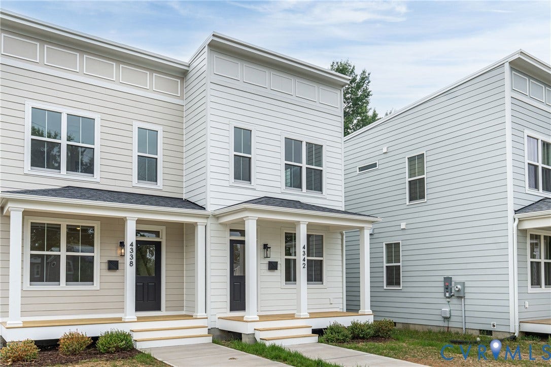 4342 North Avenue, Ginter Park, Richmond, VA 23222 Contemporary townhome exterior featuring light-colored siding, a covered front porch with white columns, and a dark entry door