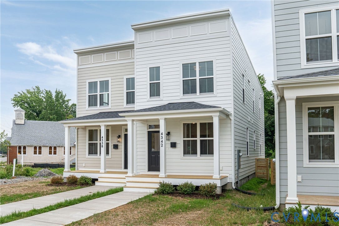4342 North Avenue, Ginter Park, Richmond, VA 23222 Modern facade featuring white siding, a covered porch with white columns, and a black front door